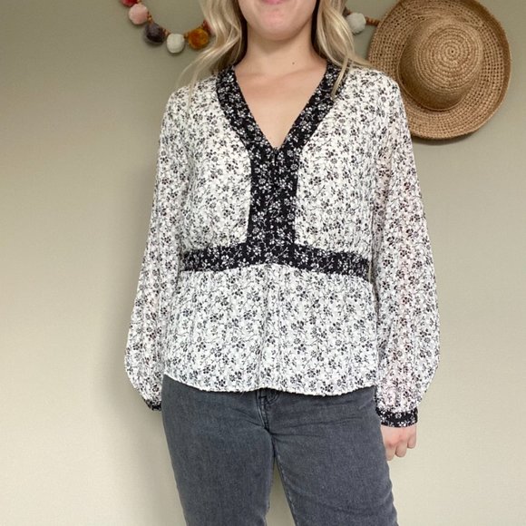Madewell Tops - Madewell Black & White Floral Peplum Blouse Top Size Medium